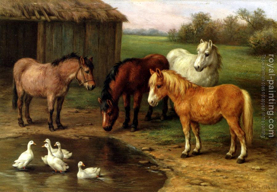 Edgar Hunt : Ponies By A Pond